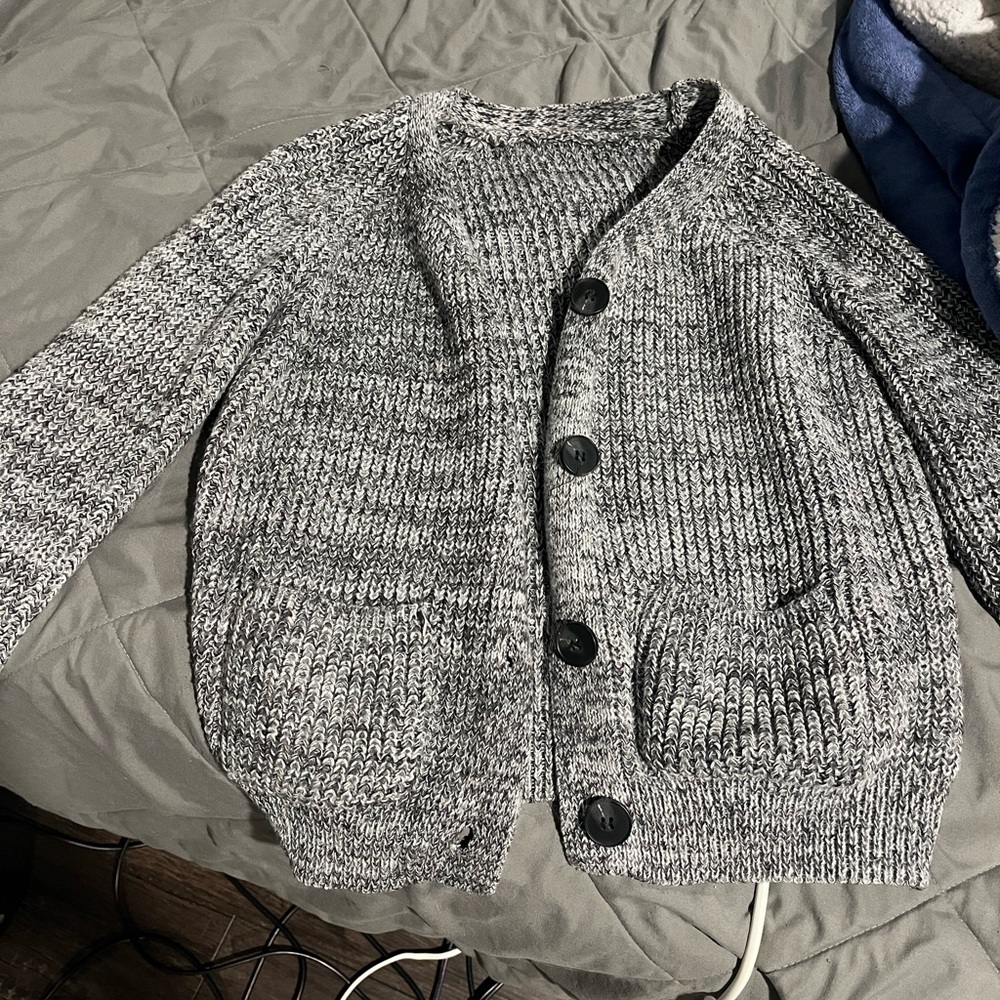 Gray Knit Cardigan with Black Buttons